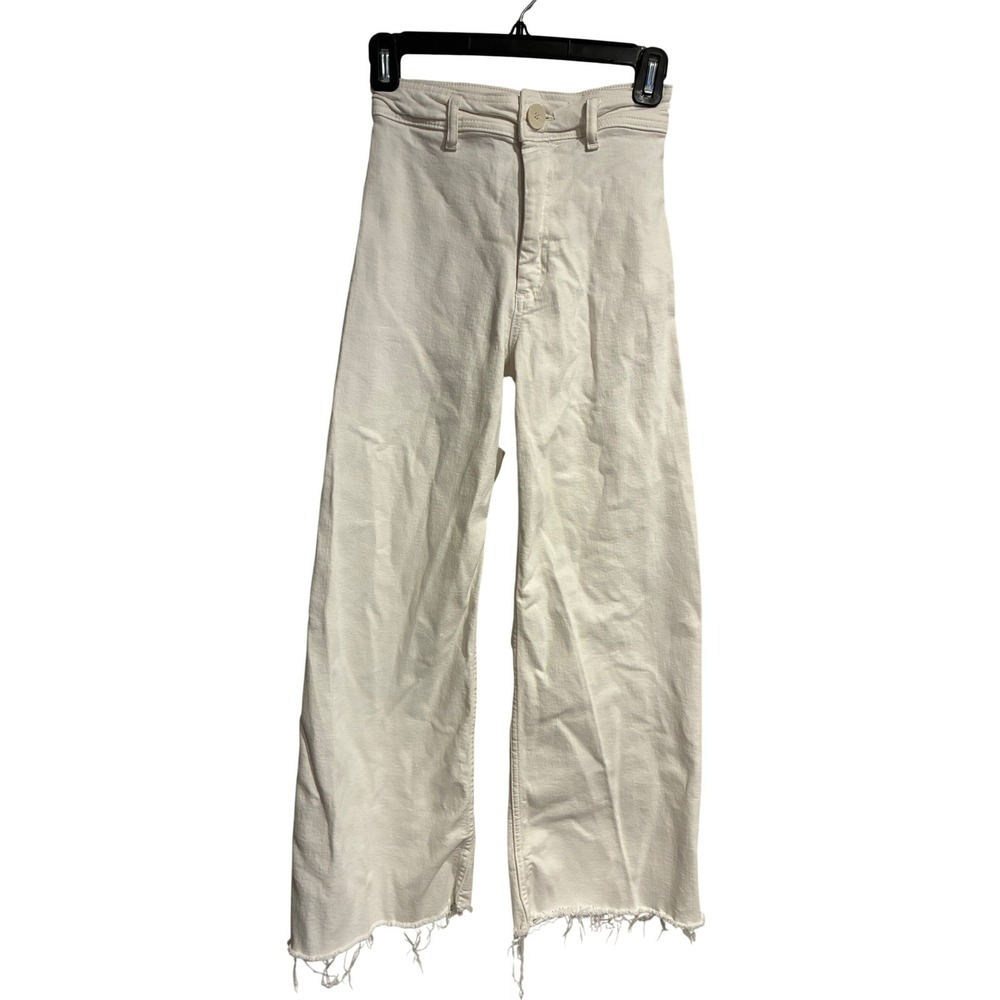 High Rise Wide Leg Raw Hem Jeans Off White Denim Patch Pocket Pants 23